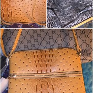 Women's Ostrich-Embossed Tan Crossbody Bag with Dual Zip